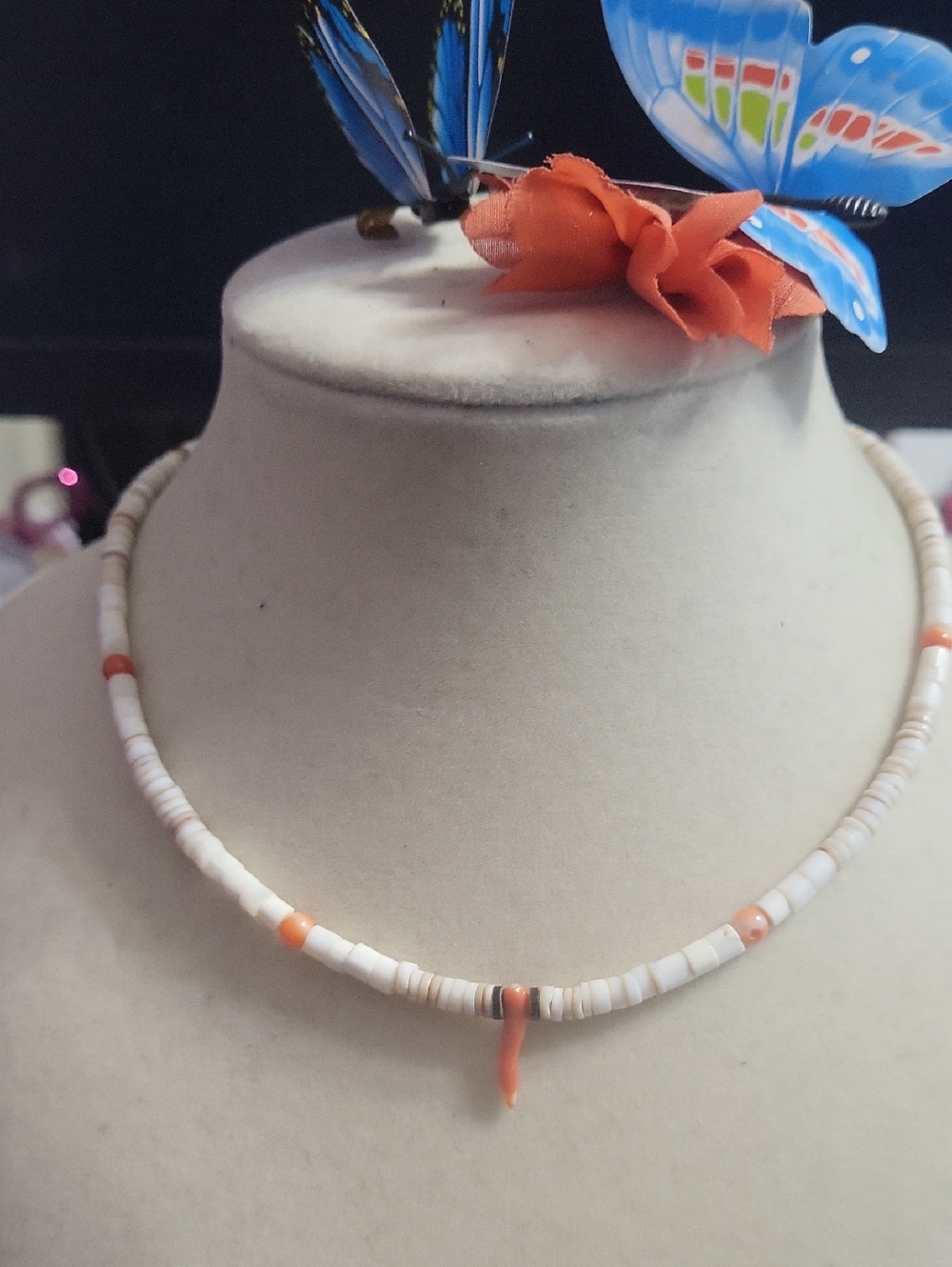 Vintage Puka Shell, White Bead and Coral Bead Choker Necklace - Unbranded